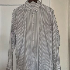 [SOLD] Prada Men’s White Stripped Button-Down Shirt with Mother of Pearl Buttons